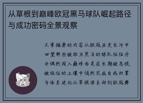 从草根到巅峰欧冠黑马球队崛起路径与成功密码全景观察