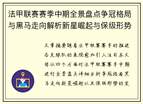 法甲联赛赛季中期全景盘点争冠格局与黑马走向解析新星崛起与保级形势观察